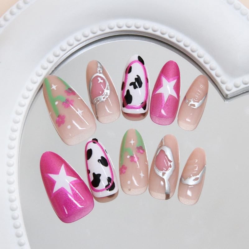 Almond Press on Nails Short Nude Fake Nail Cow Print with 3D Embossed Design …