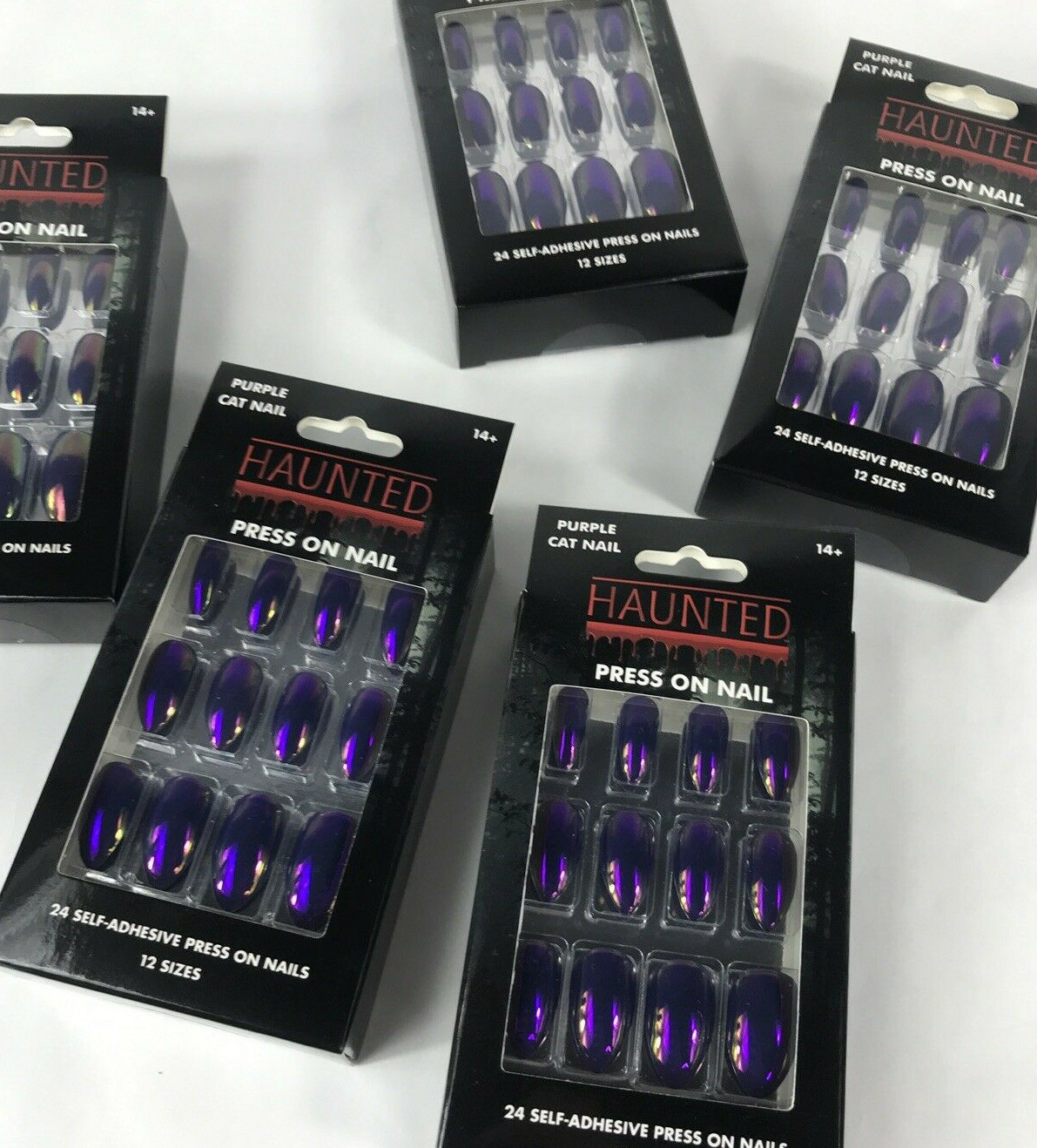 24pc Cosplay Goth Halloween Roleplay Press On Fake Metallic Purple Cat Nails Kit