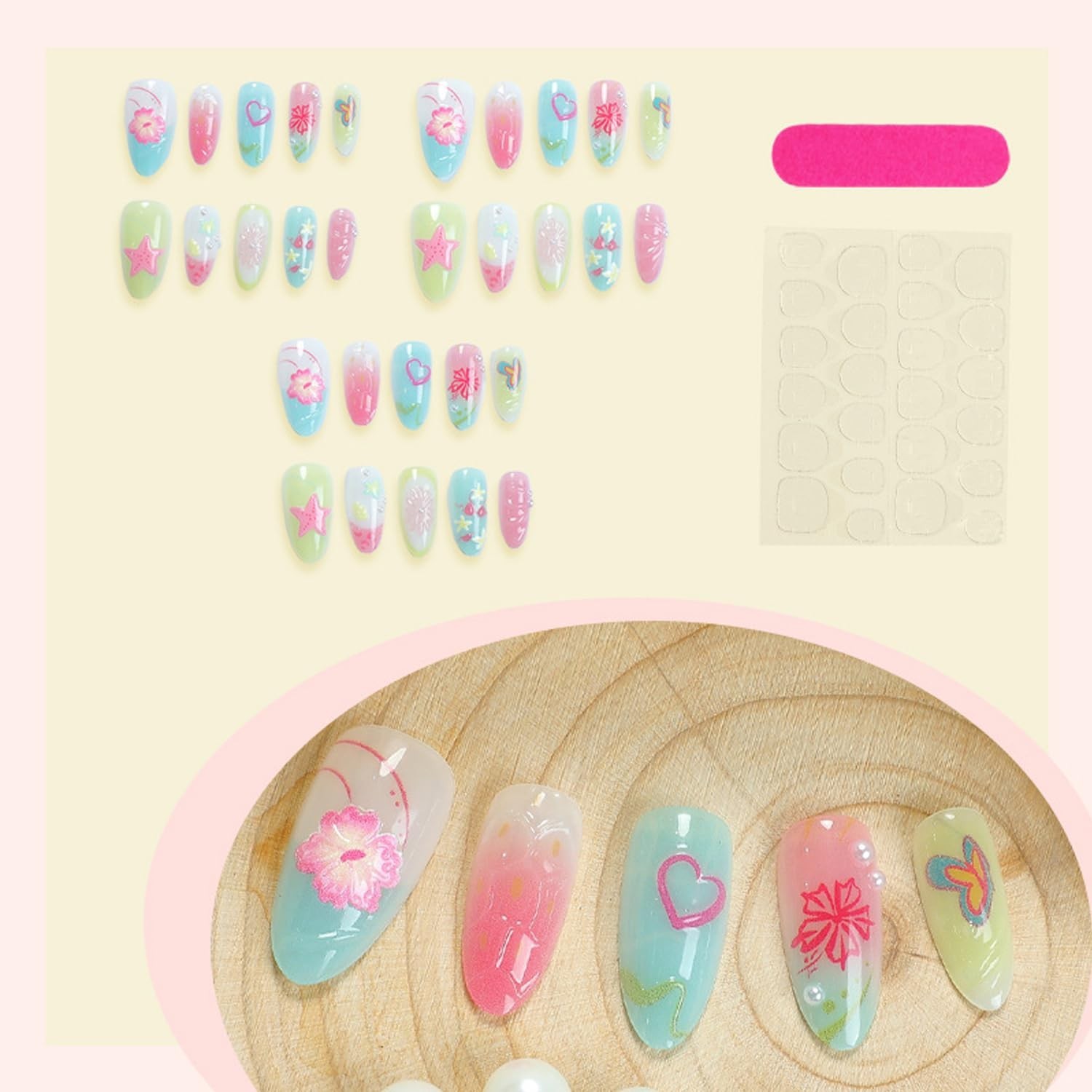 Colorful Press on Nails Summer Beach Painted Fake Nails with 3D Pearl Flower …