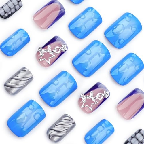 Goth Press on False Nails Short Square Fake Nails Blue French Glue FNG106star