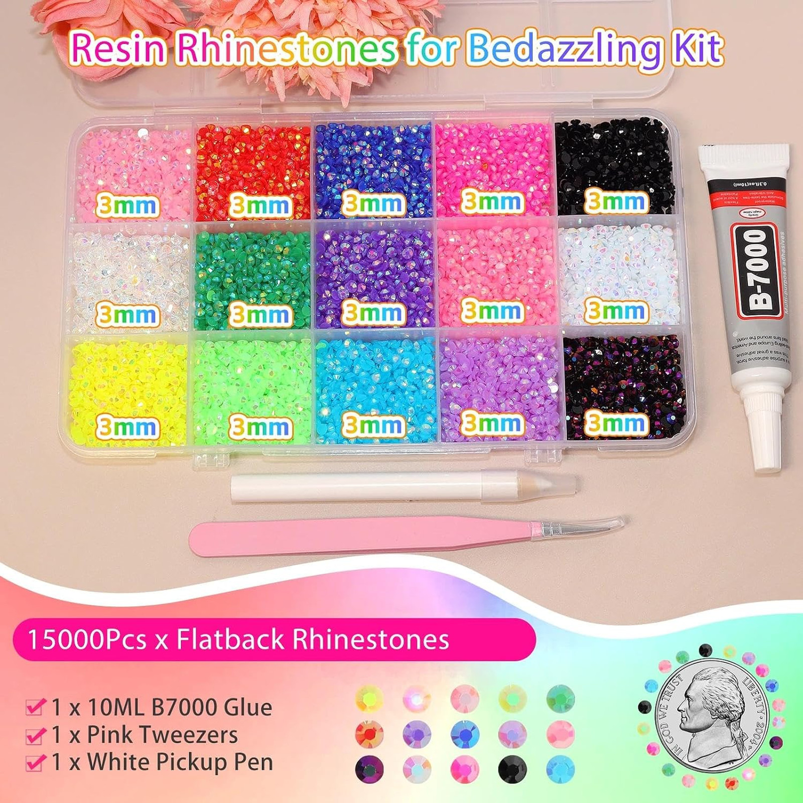 15000 Pcs Color Rhinestones for Bedazzling Kit 3mm Flatback Resin Gems for