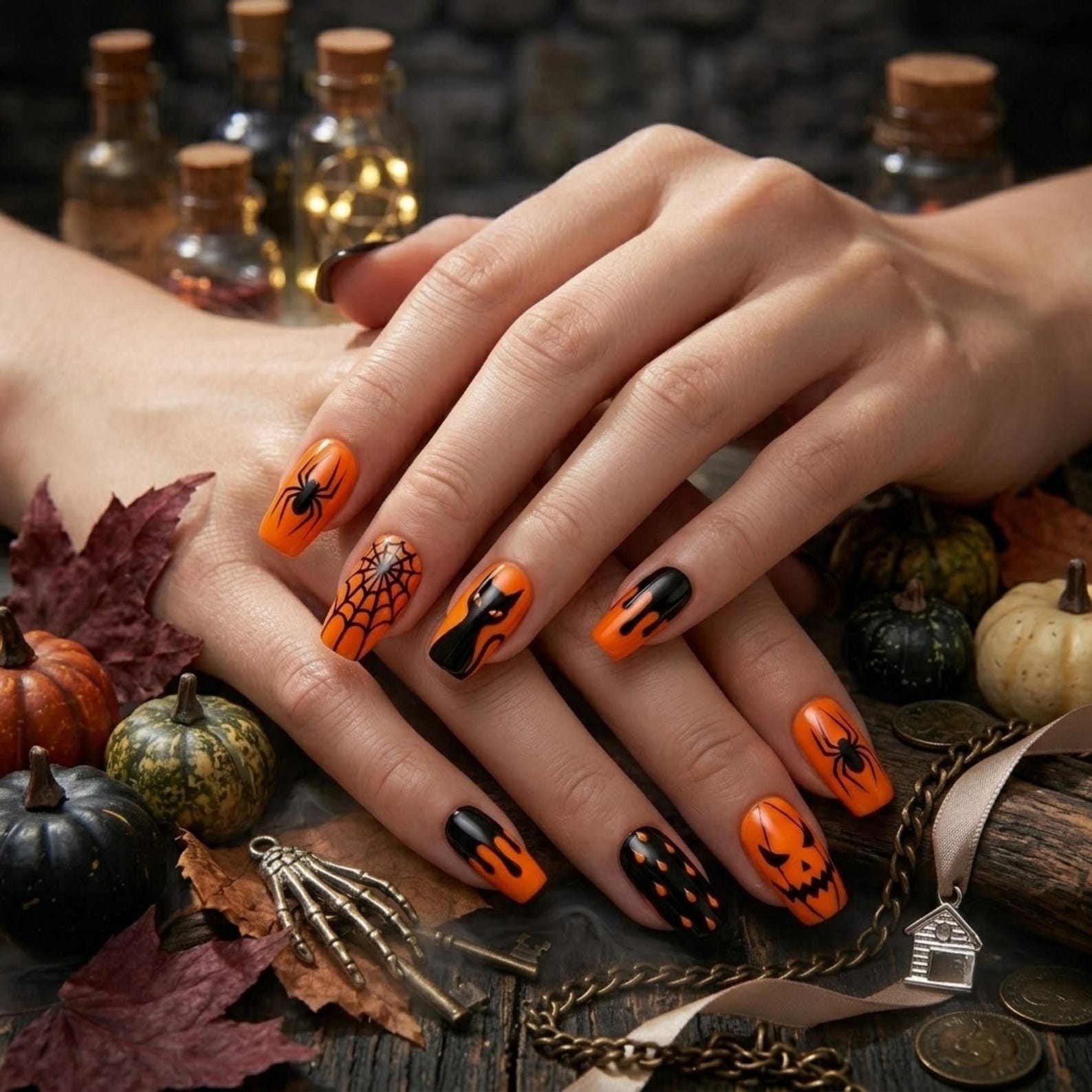 Custom Handmade Classic Orange Black Halloween Spider Square Press on Nails