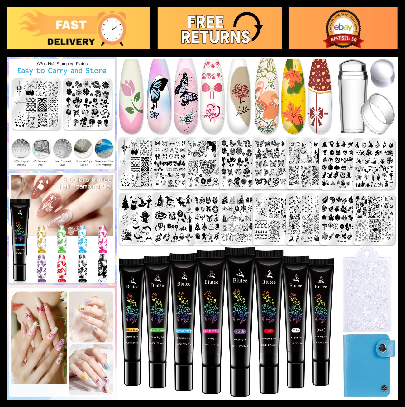 16Pcs Nail Stamping Kit with 8 Colors Polish Gel, Stamper, Scraper & Storage Bag