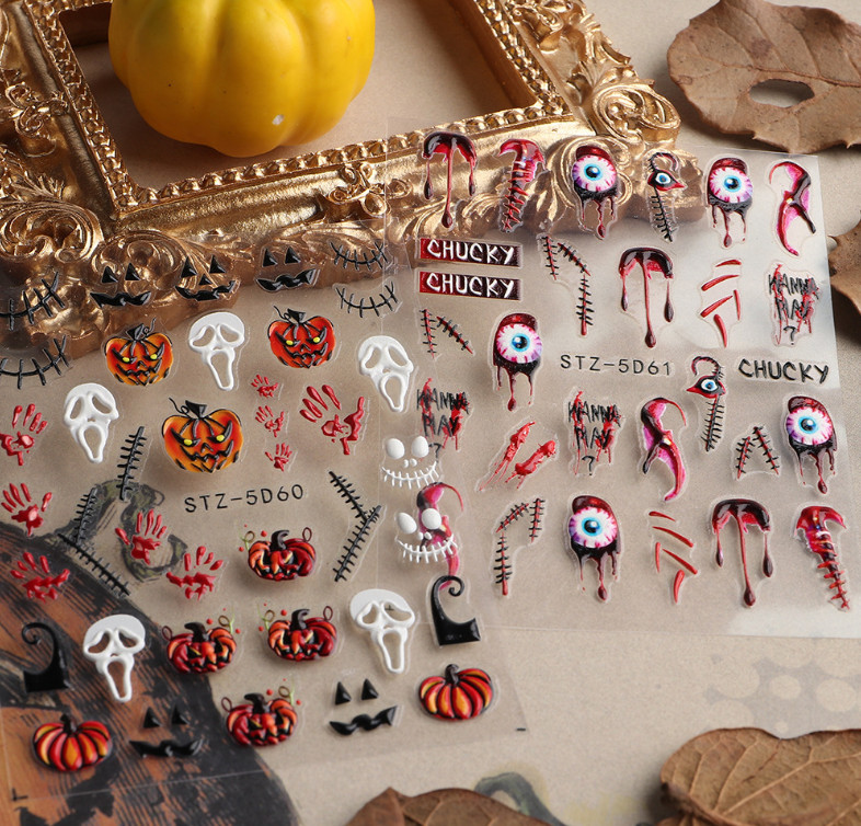 Nail Art Sticker Halloween Eye Blood Skull Skeleton Pumpkin 5D Embossed DIY NS40