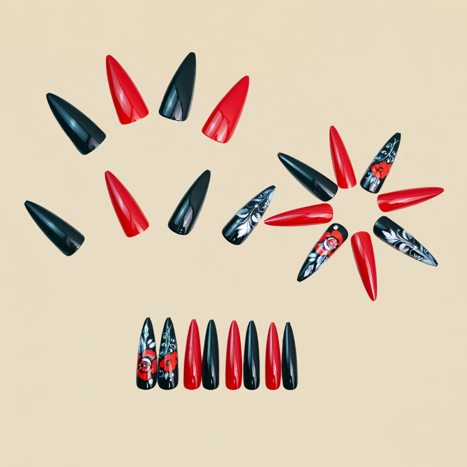 24pcs Valentine’s Day Press On Nails Gradient Red Black Cute Heart Rose French