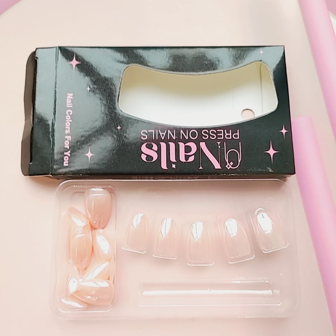 Bare Apricot Press on Nails Electroplating Short Oval Fake Nails with Solid C…