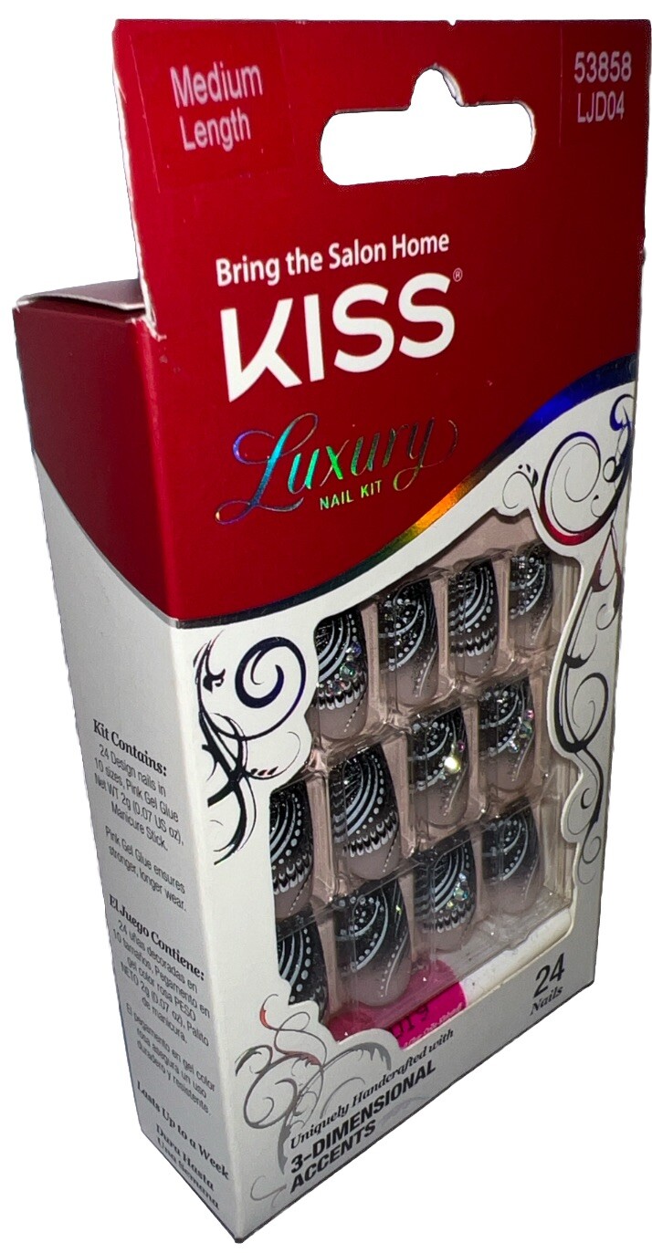 KISS Luxury Nail Kit 24 MEDIUM LENGTH #53858 3D Feather Accents New/Discontinued