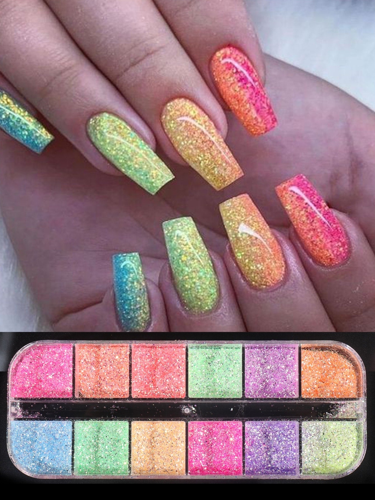 =Sugar Nail Glitter Powder, 12 Grids Iridescent Sandy White Color Nail Glitter
