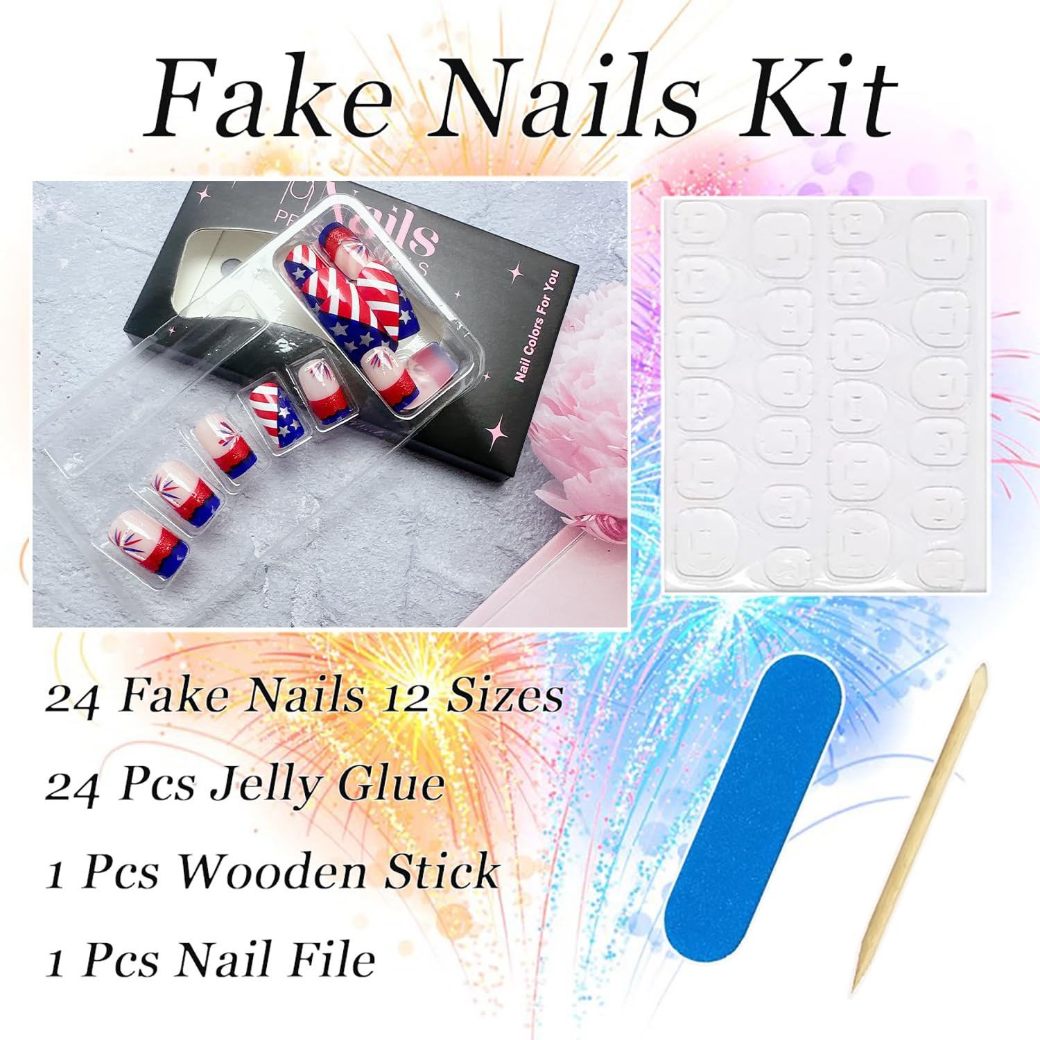 24Pcs 4th of July Press on Nails Short Square Fake Nails with Fireworks Desig…