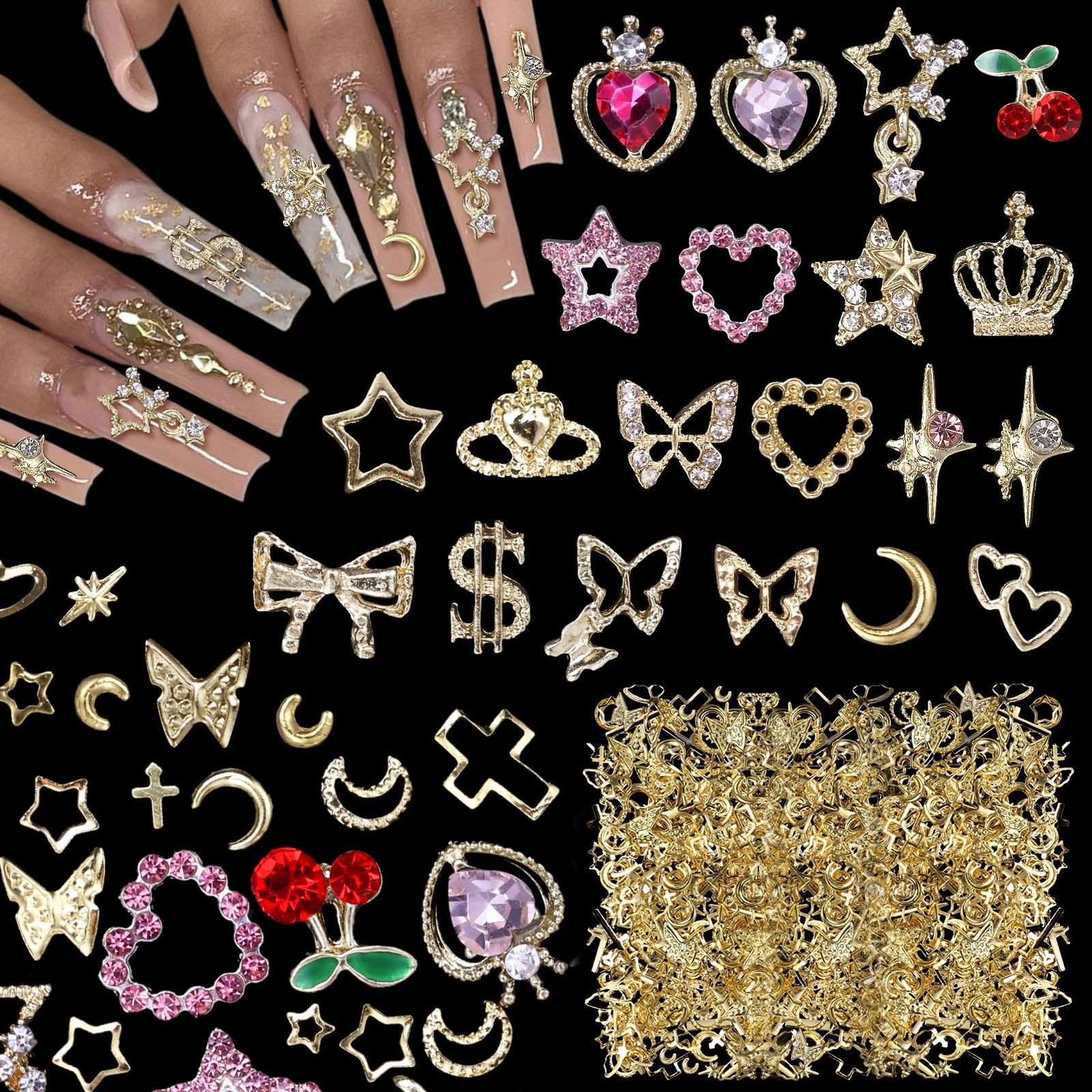 540 Pcs Gold Nail Charms, 40 Pcs Heart Star Cherry Nail Rhinestones and Charm…