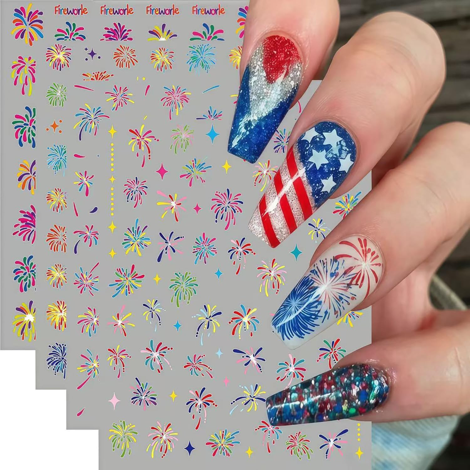 4 Sheets Independence Day Fireworks Nail Art Stickers 4Th of July Nail Decals