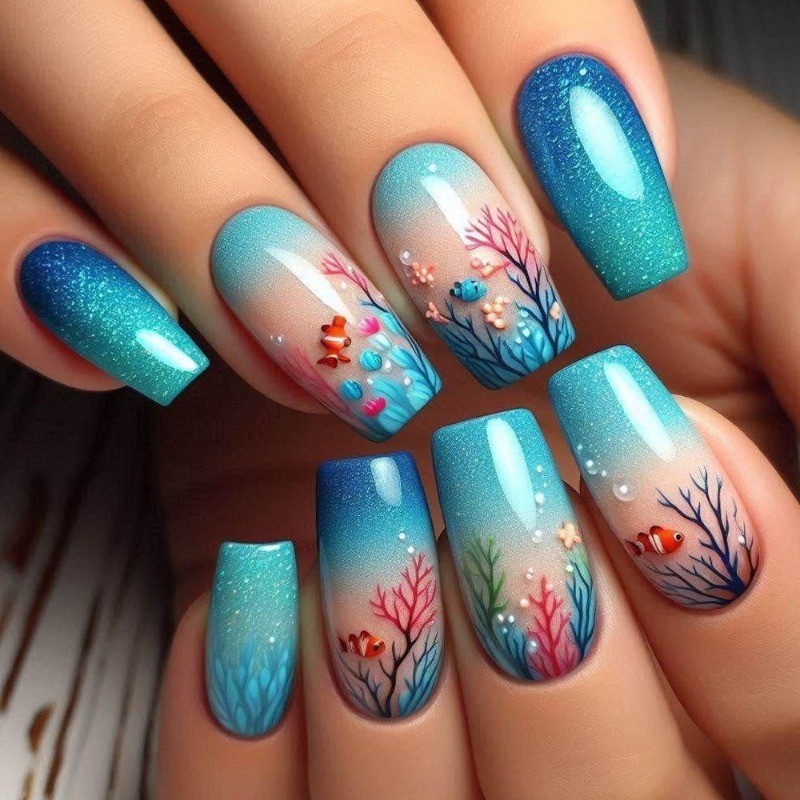 48pcs-Underwater Press on Nails, Blue Ombre with Coral, Fish and Glitter Accents