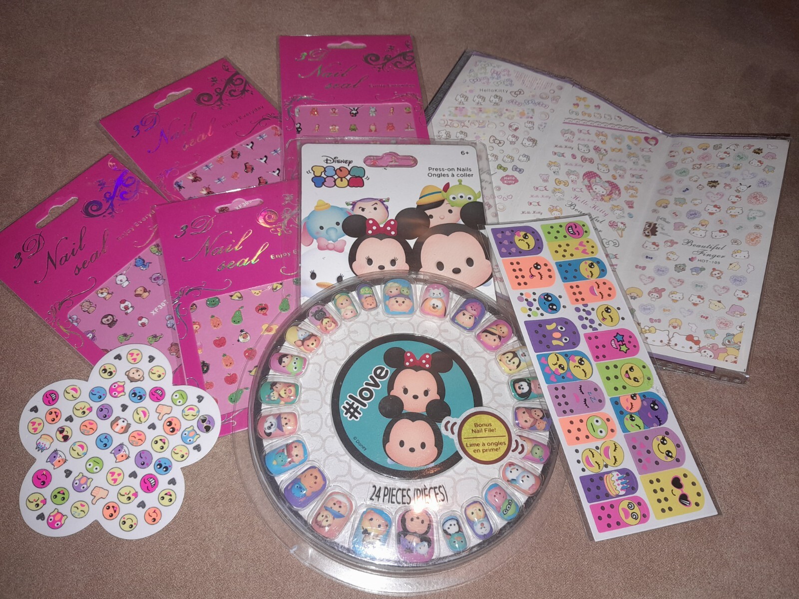 Kids Press On Nails LOT, Disney Tsum Tsum, HELLO KITTY, Fairy, Butterfly, Emoji