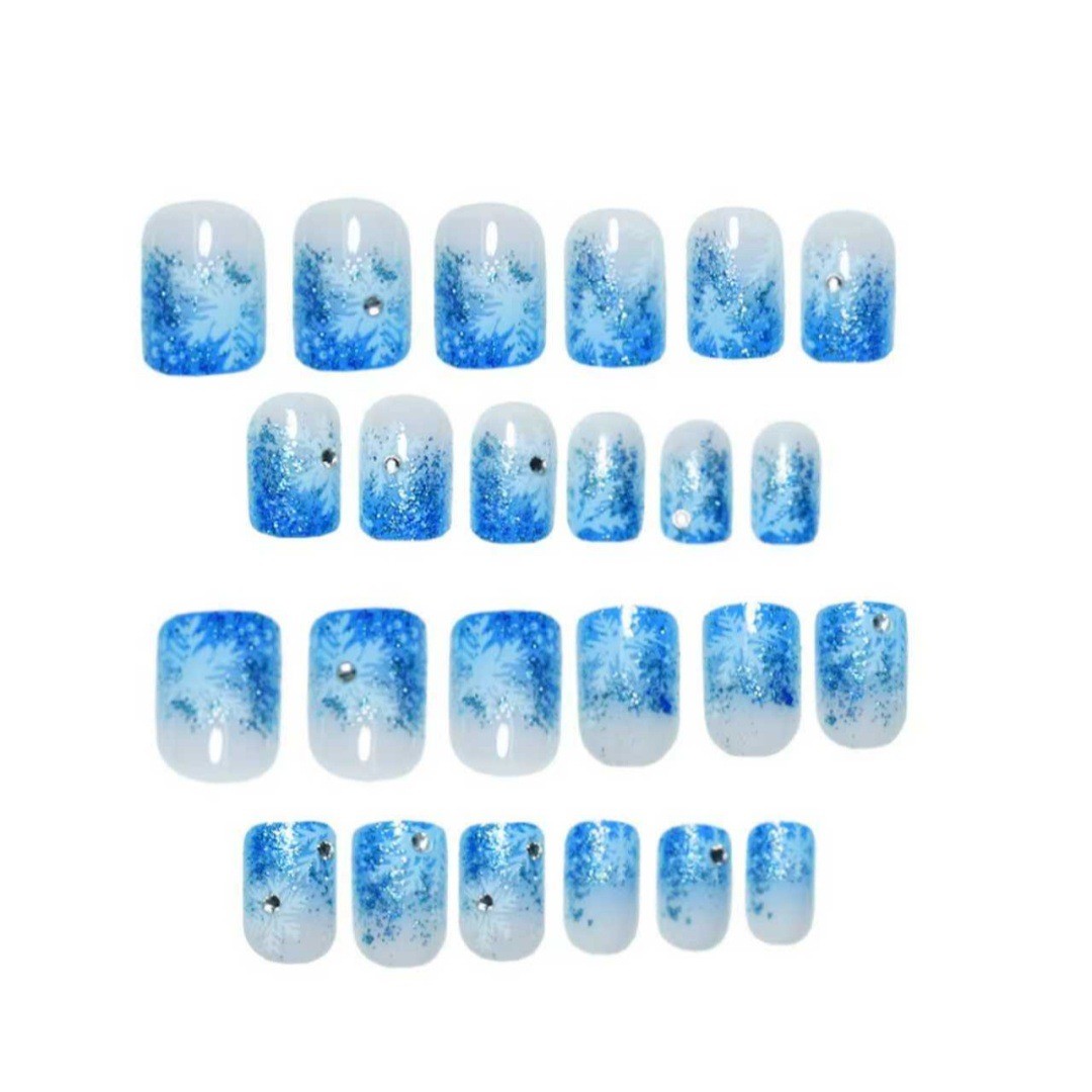 Christmas Blue Square Press On Nails Snowflake Rhinestone Glitter