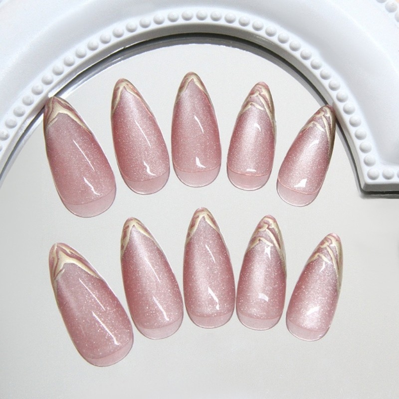 Press on Nail Almond Fake Nail with Sequins Designs Cats Eye On Nail
