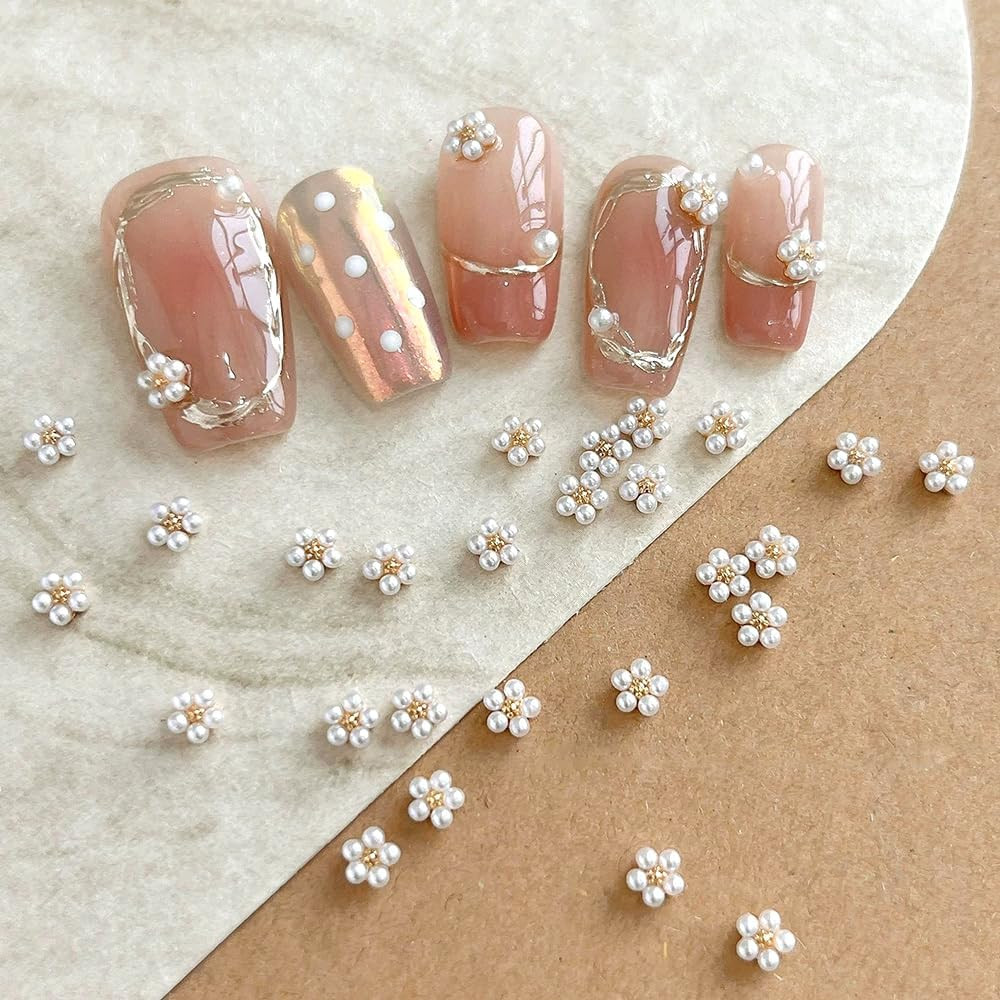 3D White Pearl Flower Nail Charms Cute Pearls Flowers for Nails Design Floral Na