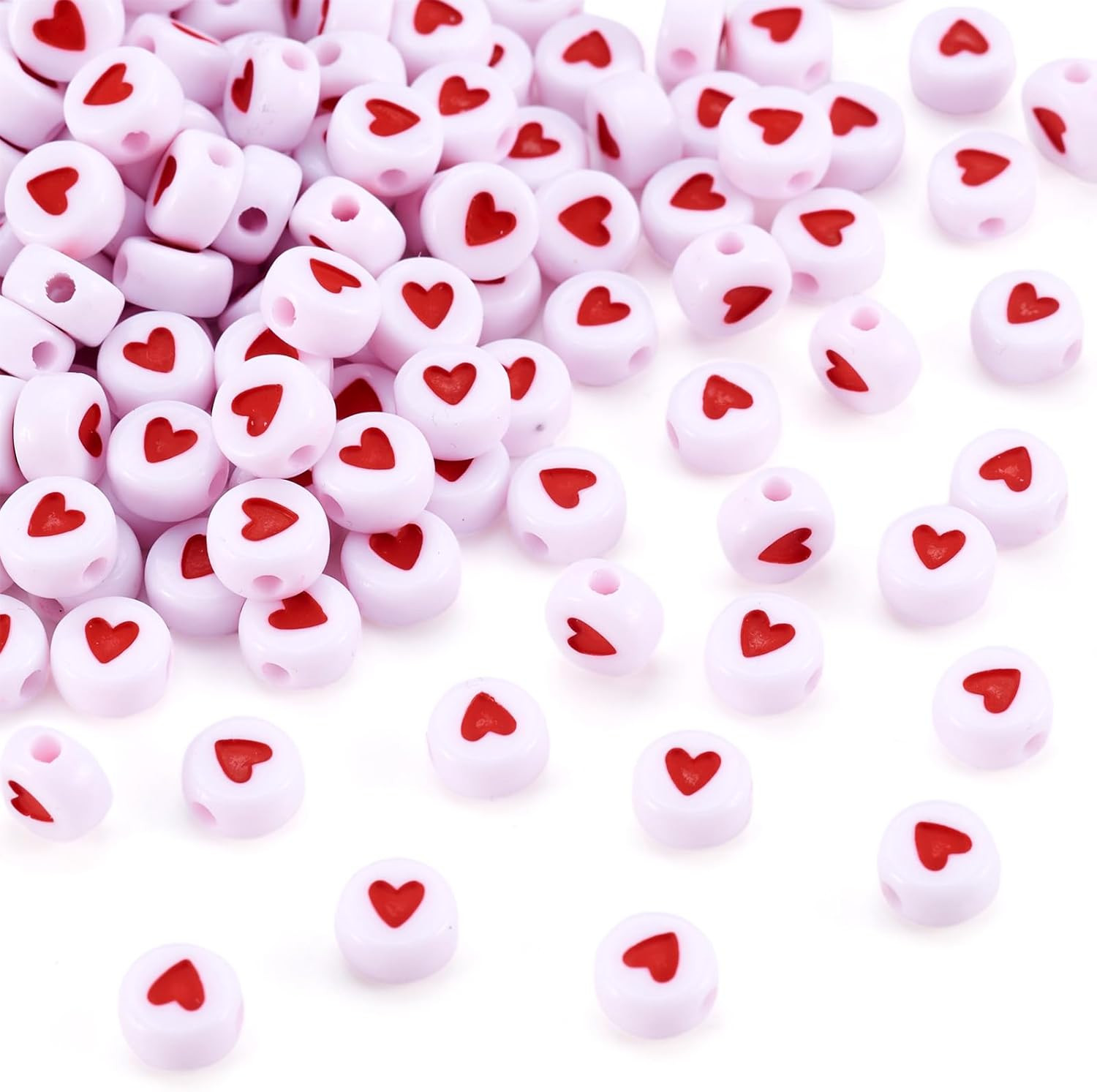 200Pcs White Acrylic Red Heart Beads Flat round Love Heart Disc Coin Pony Beads