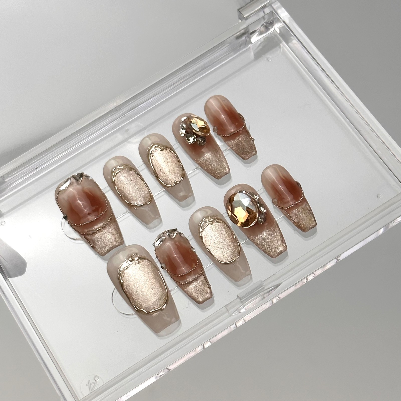 Marble Brown Cat Eye Amber Press On Nails, 3D Gold Luxury Handmade Nail Set