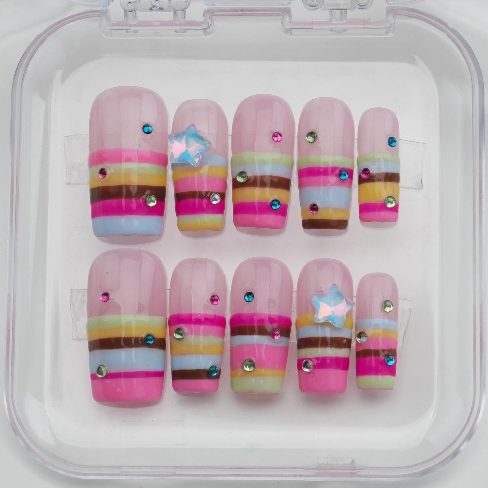Handmade Rainbow Striped Star Rhinestone Long Square Press on Nails Set