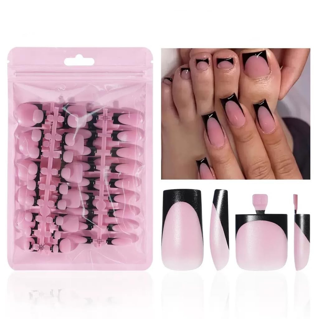 NHIXK 60Pcs Black French Tip Press on Nails & Standard, Color02