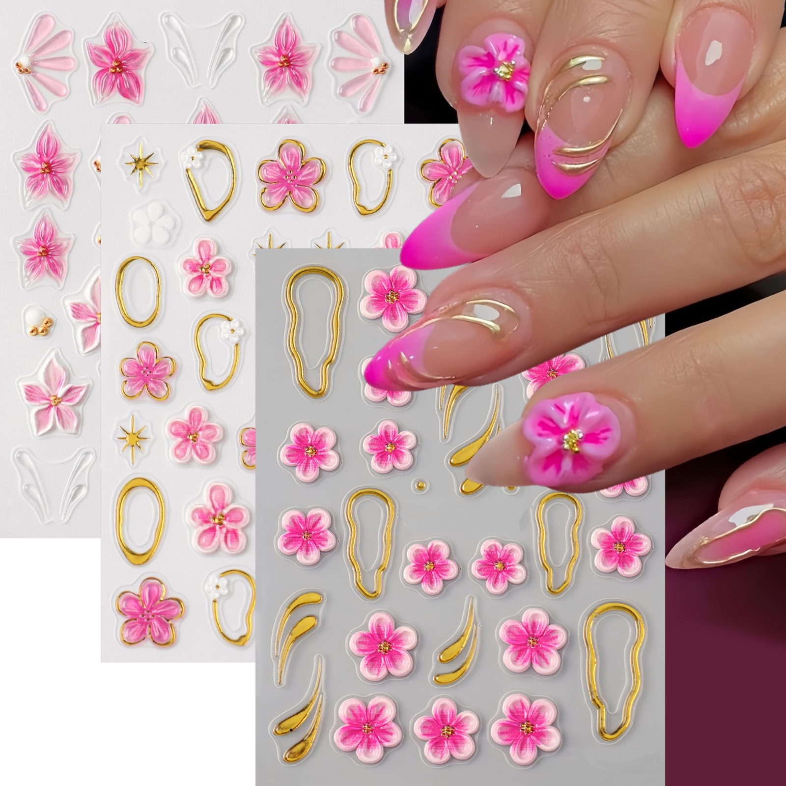 3 Sheets Flower Nail Stickers Decals 5D Embossed Flower Nail Decals Hibiscus …