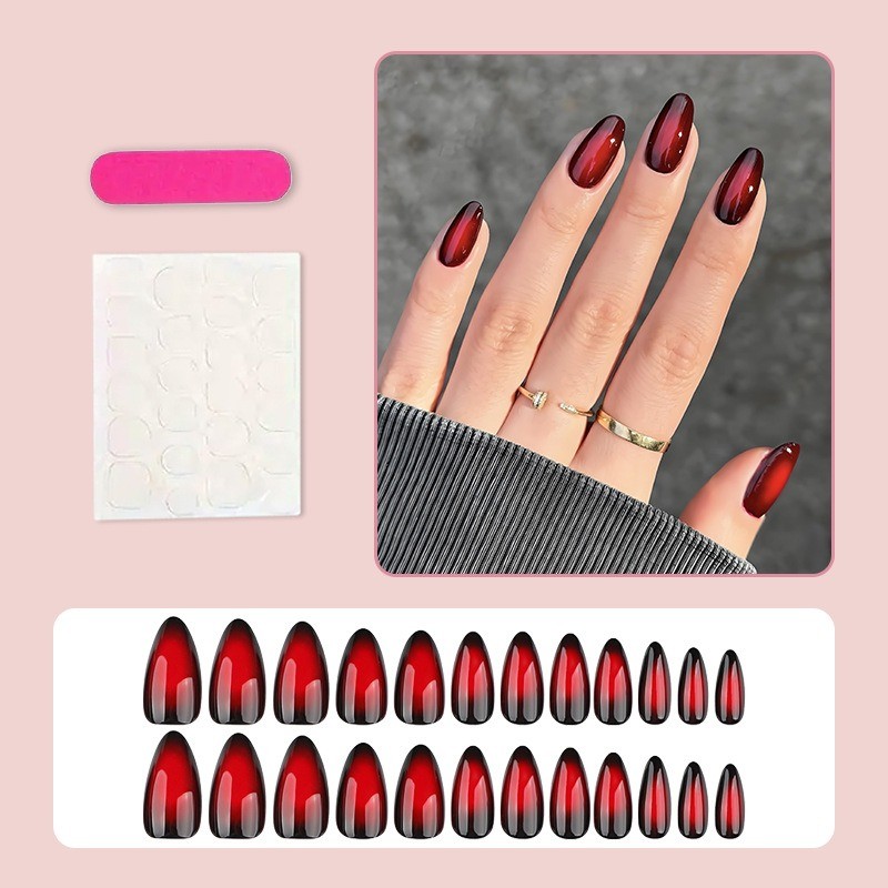 48 Pcs of Red Gradient Almond Fake Nails, Solid Color Gradient Smooth Nail Art