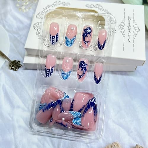 Summer Press on Nails – Short Almond Fake Nails with Shine Pearl Polka Blue Fish