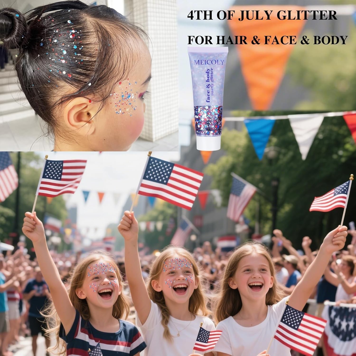 Red White and Blue Face Glitter,4th of July Patriotic Accessories,Star Hair G…