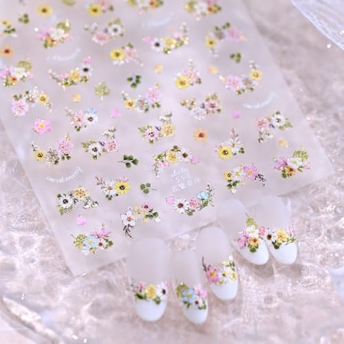 Flower Nail Stickers Colorful Pink Yellow Gold Nail Decals Floral Daisy Style29