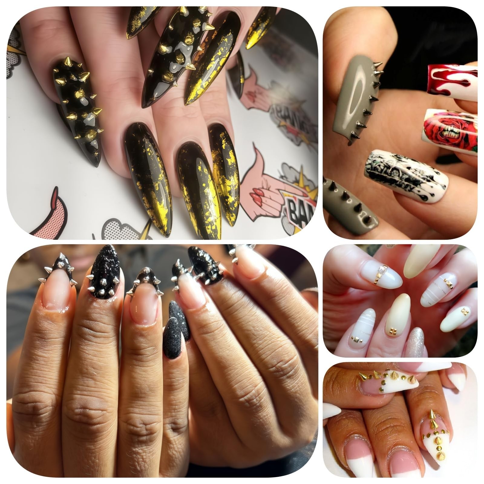 2 Box Goth Nail Charms Punk Metal Nails Studs Square Cone Spike Gold White Go…