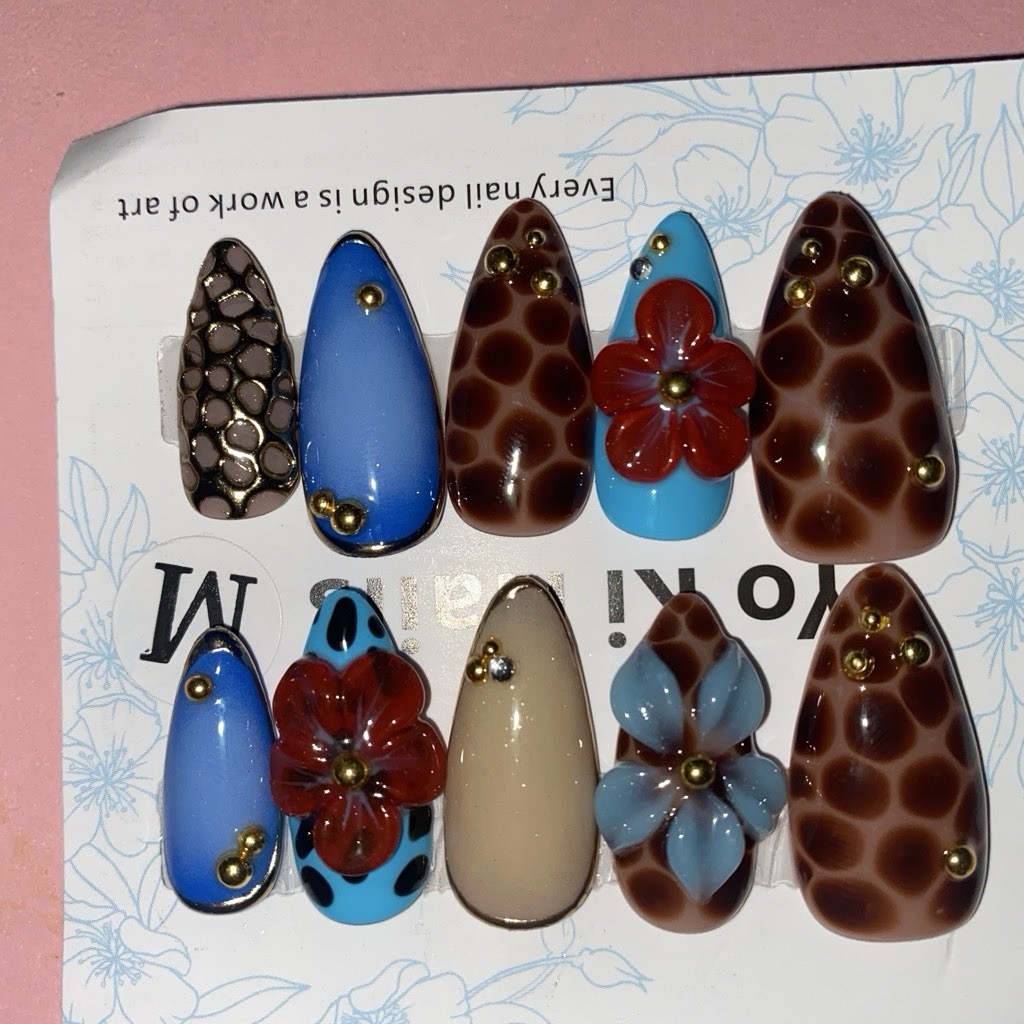 3D Flower Press-On Nails Full Cover Pre-Designed Long Almond Brown Blue Beige