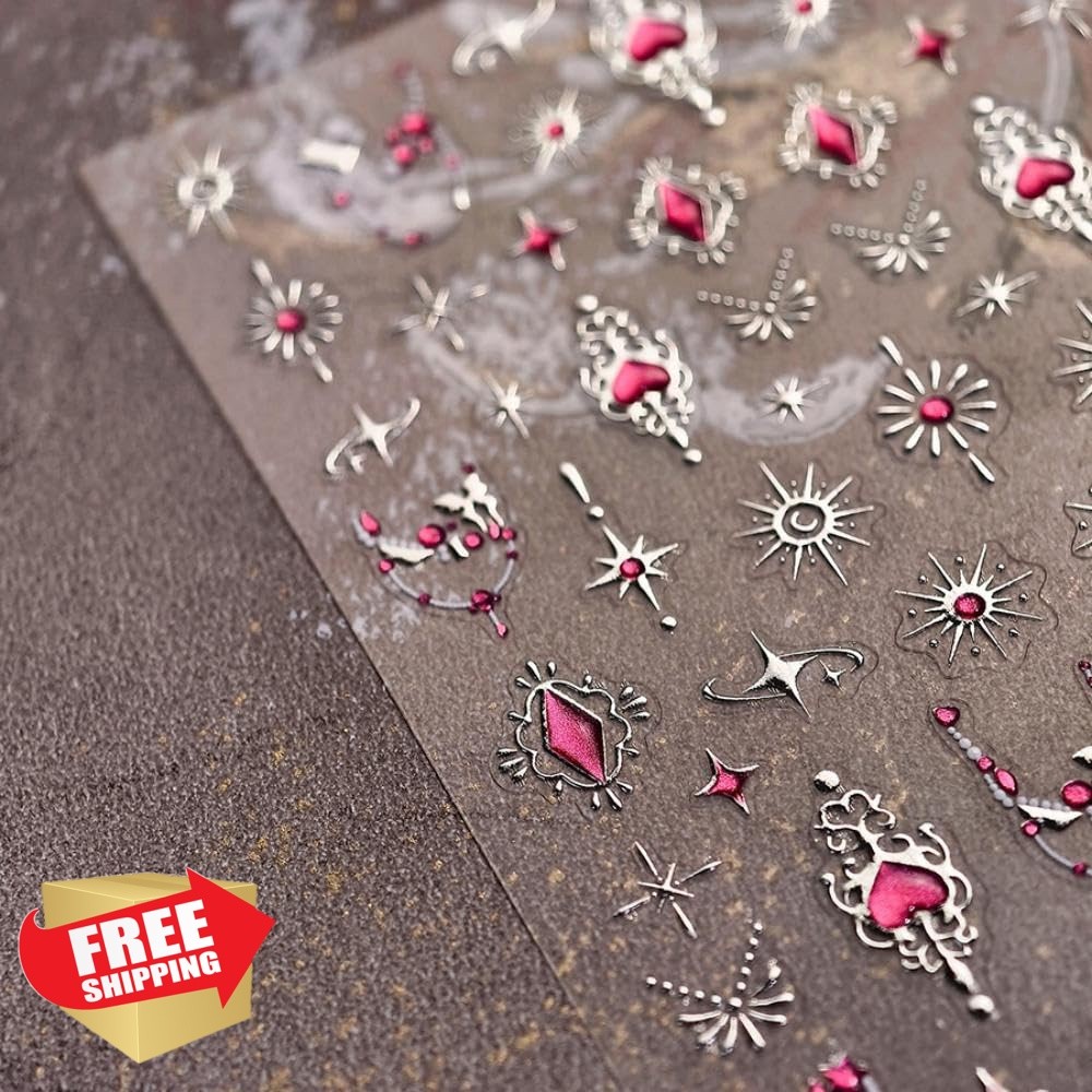 Sevgob Silver Star Hot Pink Heart Nail Stickers 1 Sheet