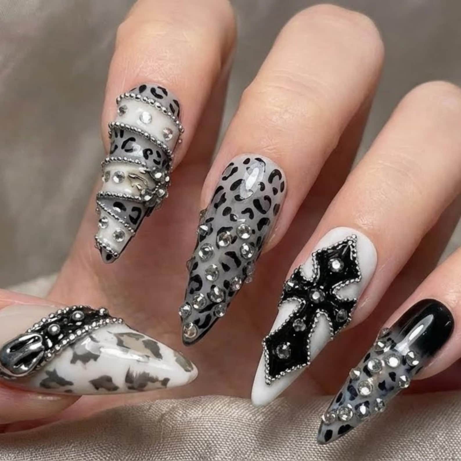 Handmade Black Leopard Cross Chain Rhinestone Long Stiletto Press on Nails