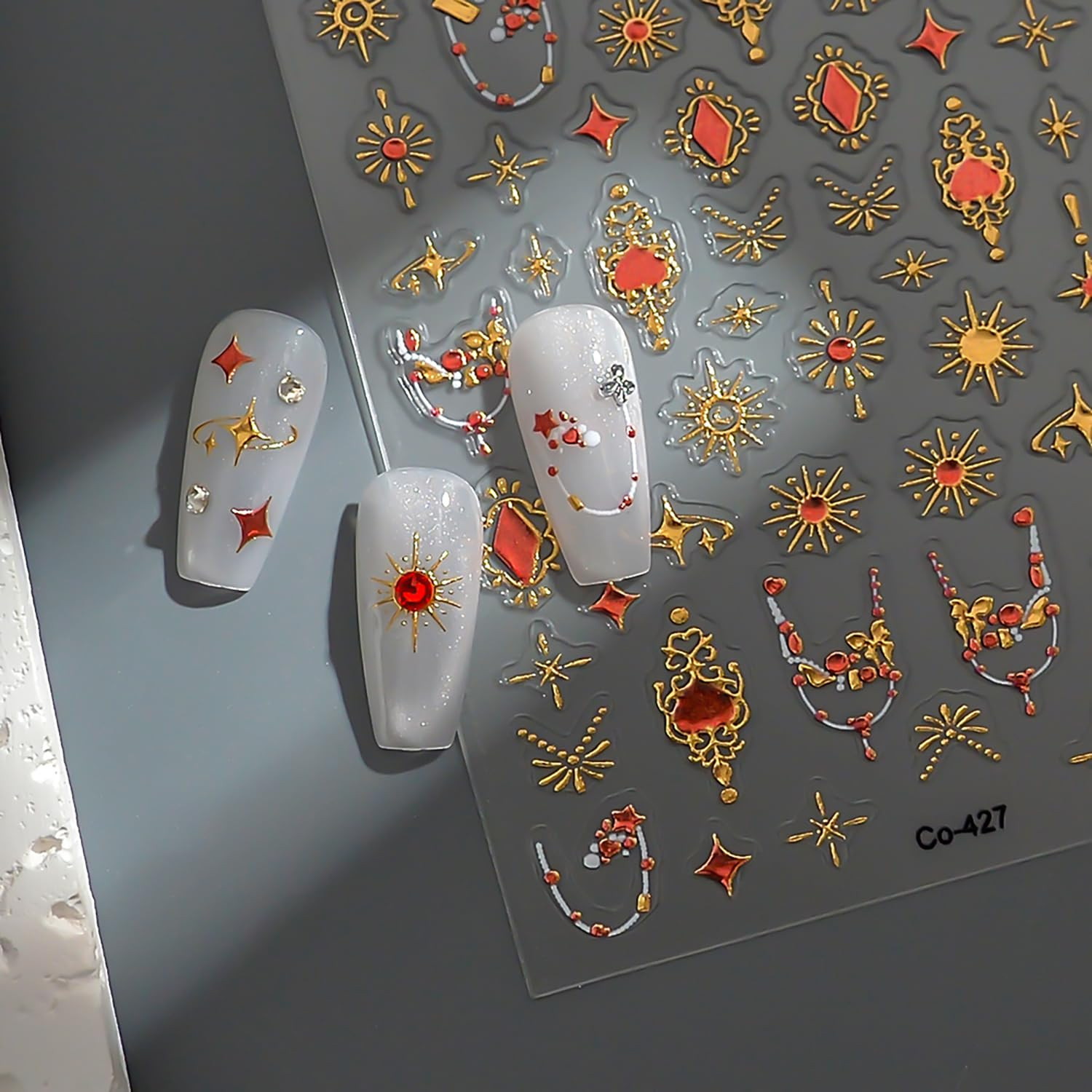 5D Embossed Gold Nail Stickers Star Nail Stickers for Nail Art with Pink Gemston