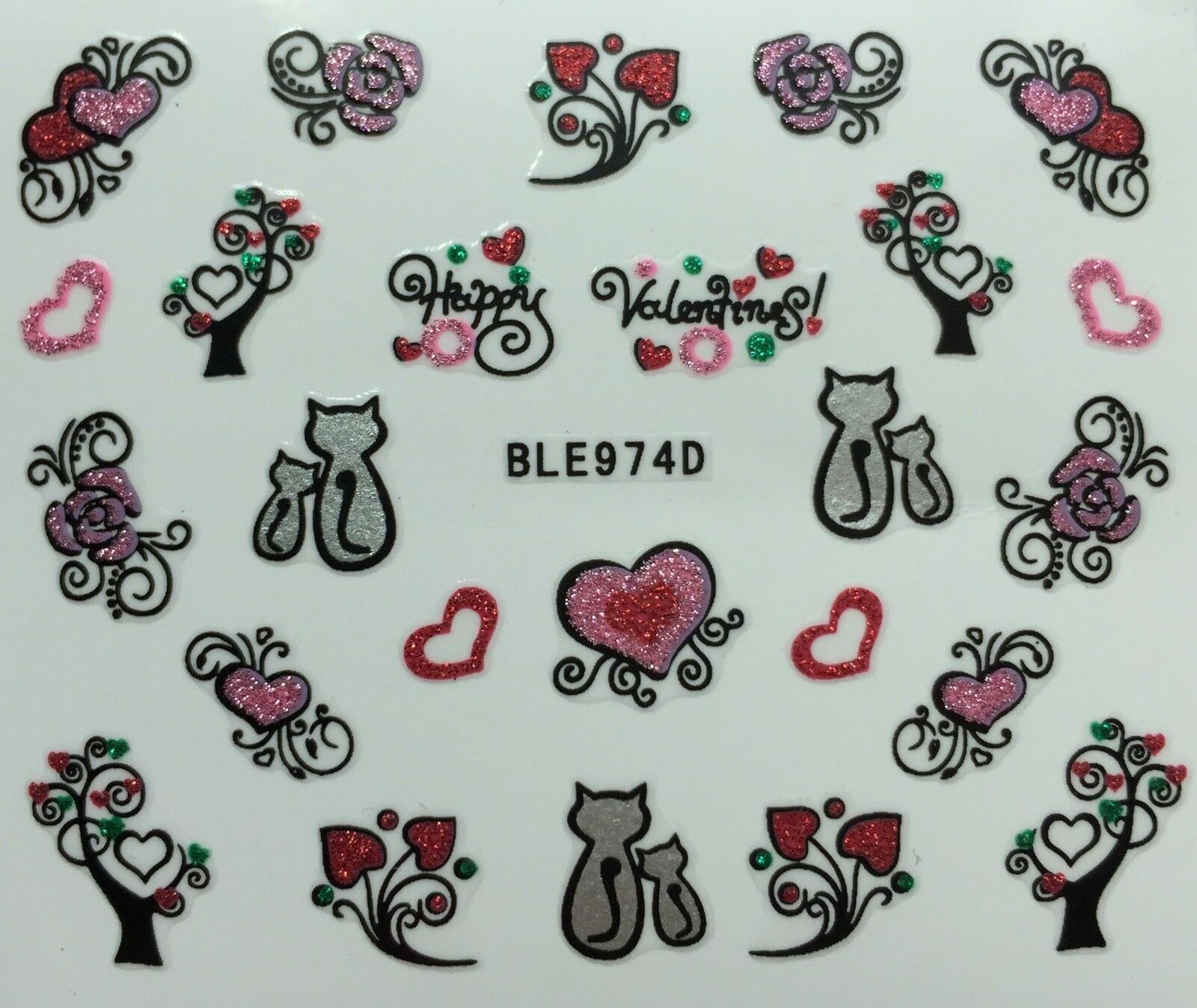 Nail Art 3D Glitter Decal Stickers Roses Cats Hearts Valentine’s Day BLE974D