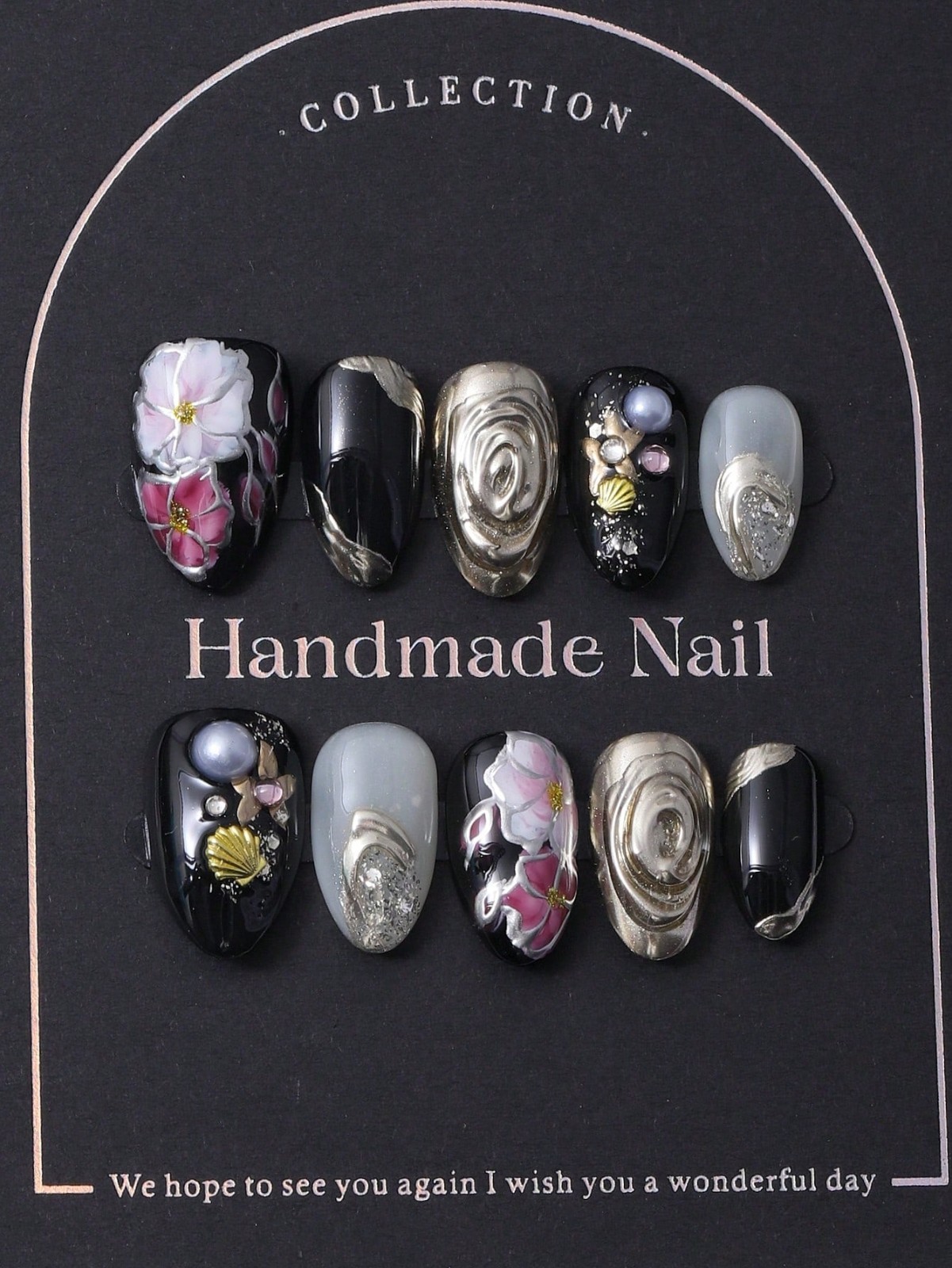 Handmade 3D Floral Metallic Press-On Nails | Black Grey Fake Nails