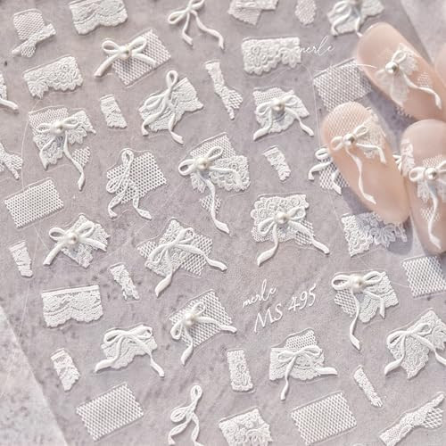 White Lace Nail Stickers – 5D Embossed Pearl Lace Nail Art Decals, Self
