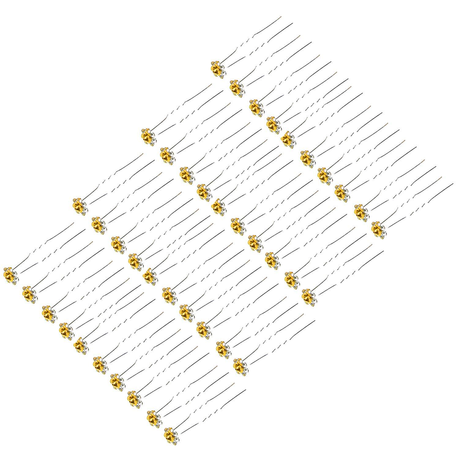 BETITETO 40 Pcs U-Shaped Flower Rhinestone Hair Pins Crystal Yellow