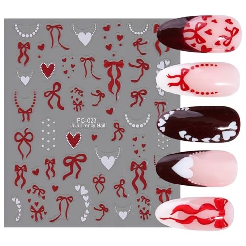 4 Sheets 3D Self-Adhesive Red White Valentines Nail Decals Bow Nail Stickers
