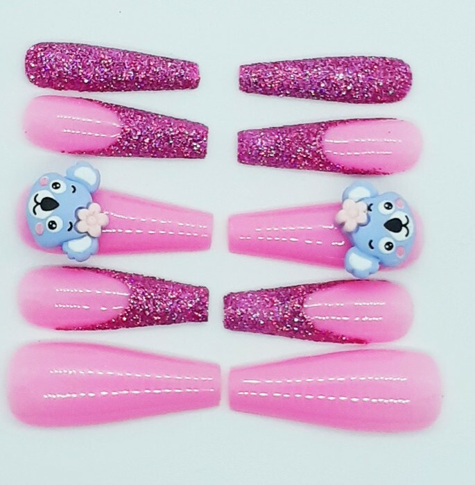 Pink Animal Nails Kawaii Pink Nails Pink Party Nails Koala Bear Lover Gift-sale