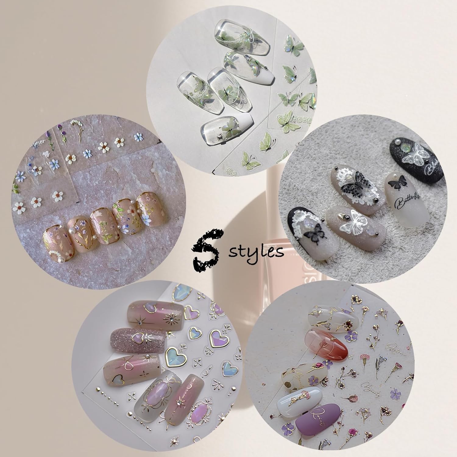 Flower Nail Stickers for Nail Art Decals Charms,5D Embossed Floral Butterfly and