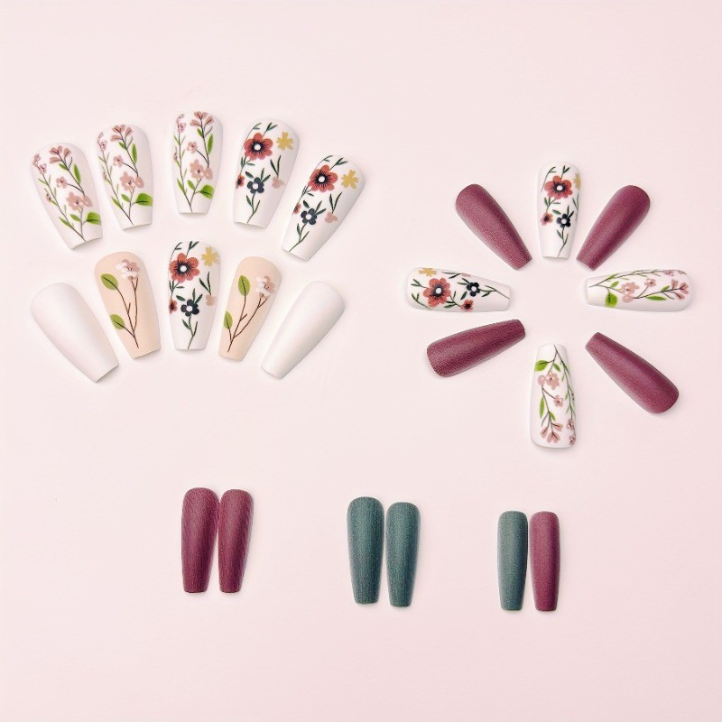 48PCS Side Women’s Nail White Series Brown Red Line Ballet Shaped Fake Nail Art