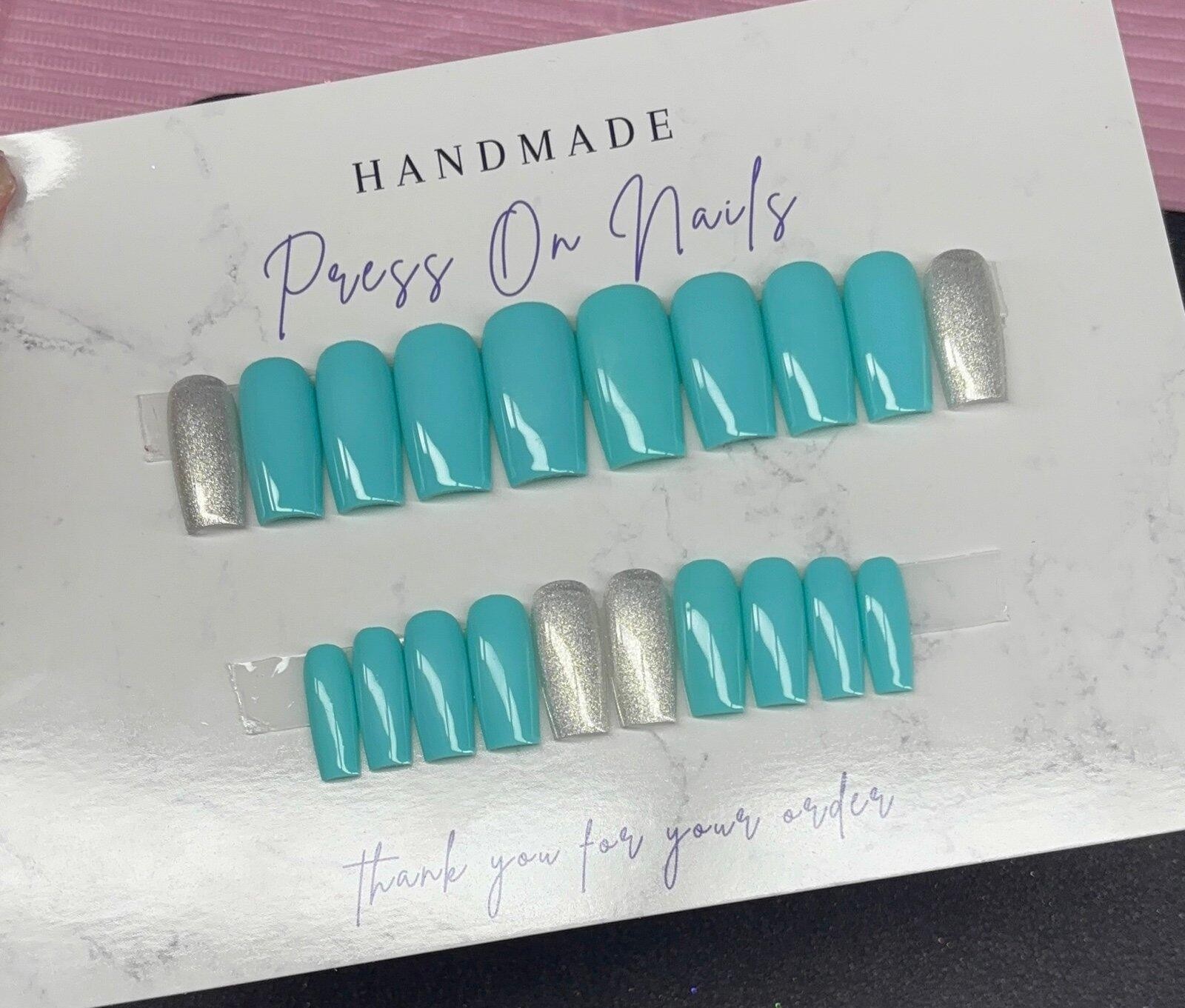 Medium square Press on nails silver glitter teal light blue handmade custom gel