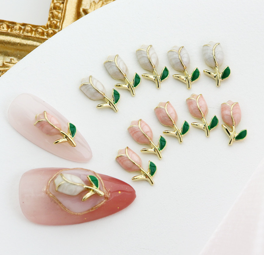 5PCS White Pink Tulip Flower Nail Art Case Charm 3D Metal Alloy Decoration NS54