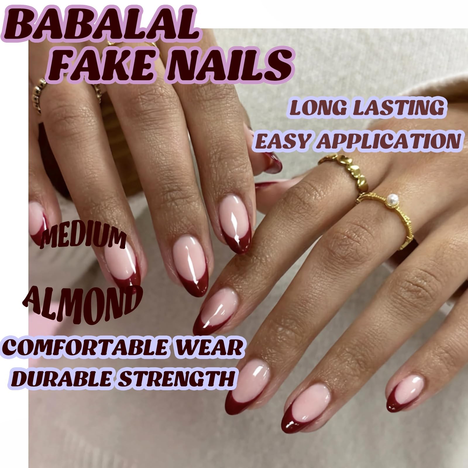 Red Nails Press on Almond Medium Fake Nails Burgundy French Tip Glue on Desig…