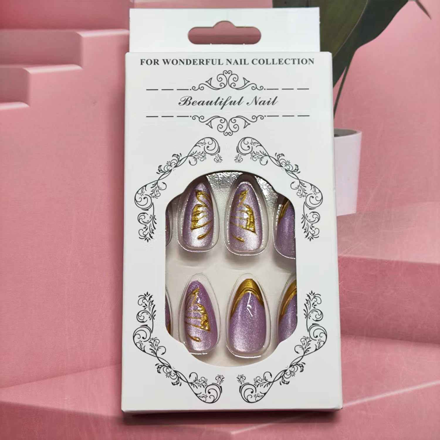 Butterfly Press on Nails Purple Almond Medium Fake Nails with Gold Accents and W