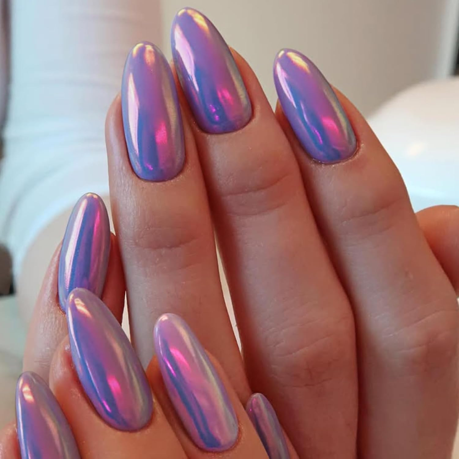 Almond Press on Nails Medium Fake Nails with Chrome Aurora Designs Glossy Nails