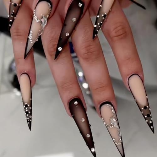 Press on Nails – Long Stiletto Glue on Nails with Goth Black 06103-01-02Black