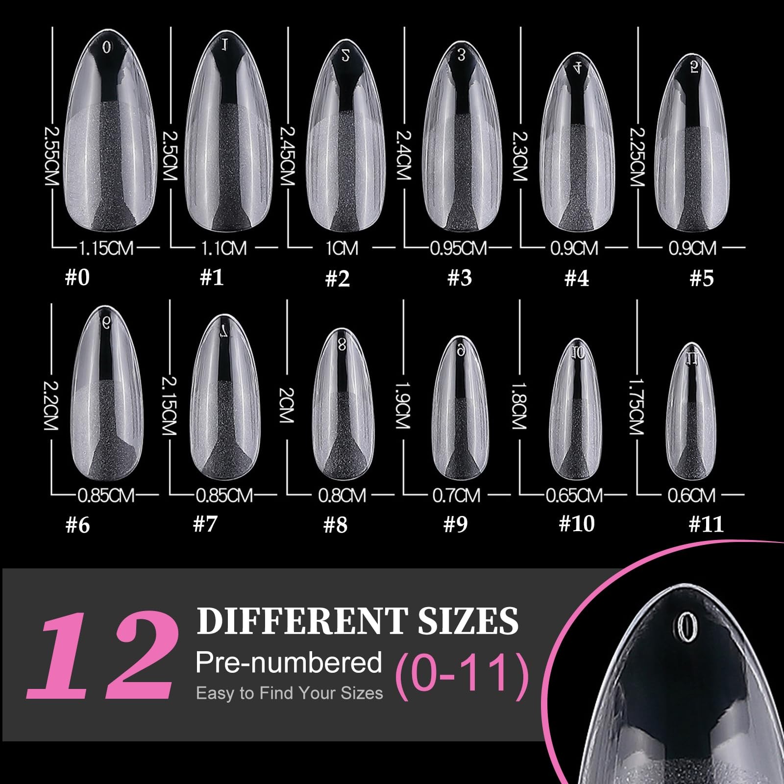 AddFavor 600pcs Almond Nail Tips Medium Fake 600 Piece Assortment, Clear