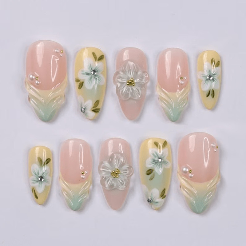 30P Short Almond Press on Nails, Mint Green Gradient 3D Floral Fake Nails